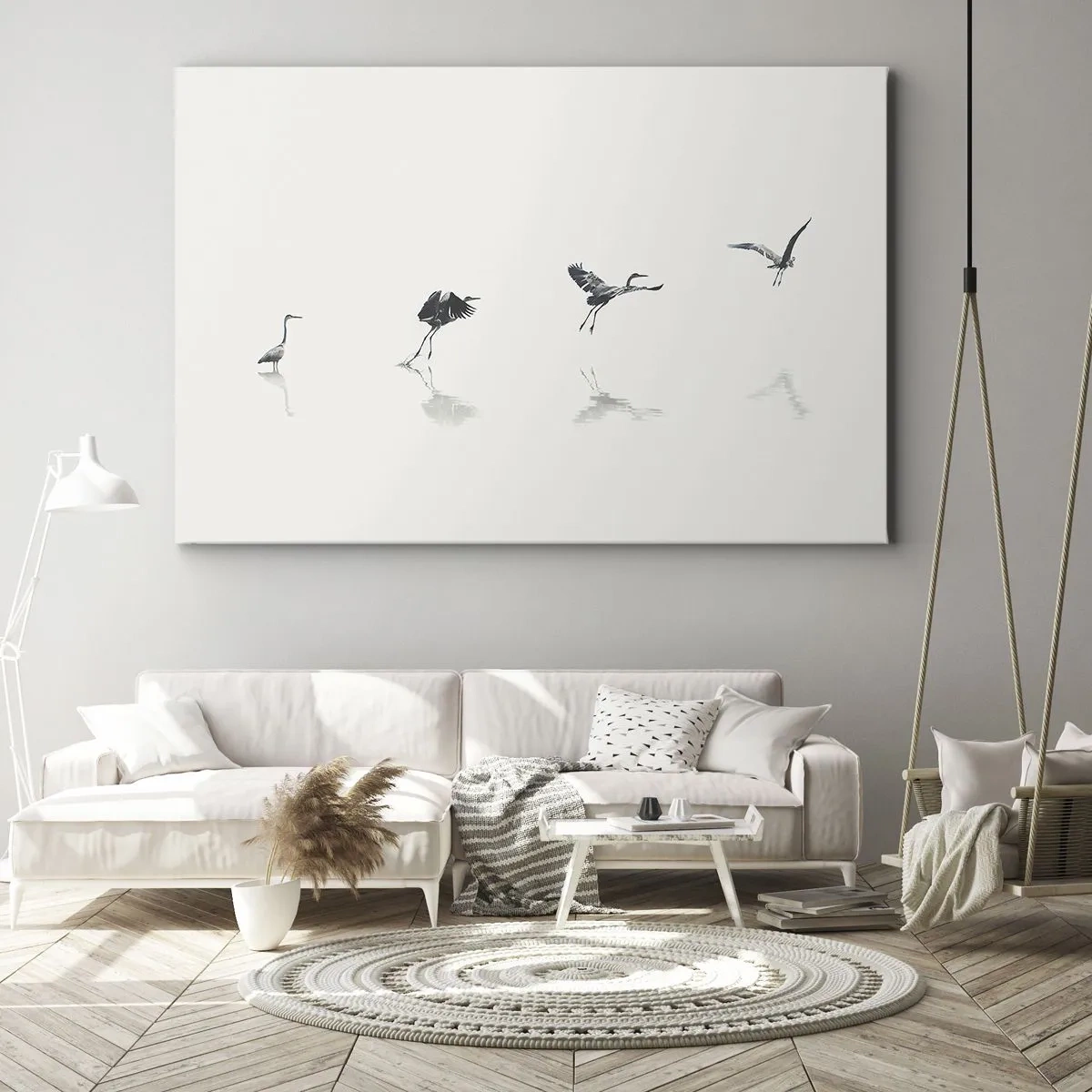 Impression sur toile - Image sur toile - Quatre silhouettes d'oiseaux se reflètent dans l'eau calme - 70x50cm - Quatre étapes simples - Décoration murale moderne pour le salon et la chambre ARTTOR