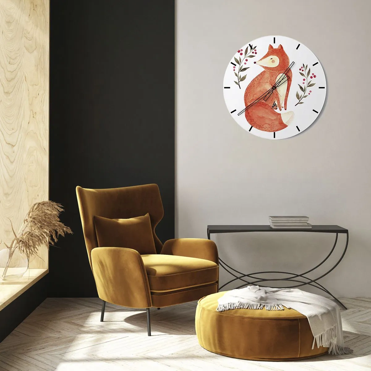 Horloge murale - Pendule murale - Illustration d'un renard roux entouré de brindilles avec des baies - 30x30cm - Petit rouquin - Décoration murale moderne pour le salon, la cuisine et la chambre ARTTOR