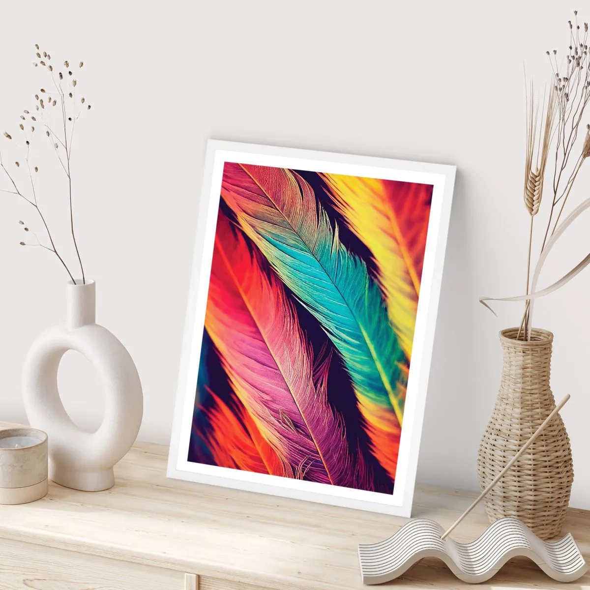 Affiche dans un cadre blanc - Poster - Arc-en-ciel de plumes - 30x40 cm