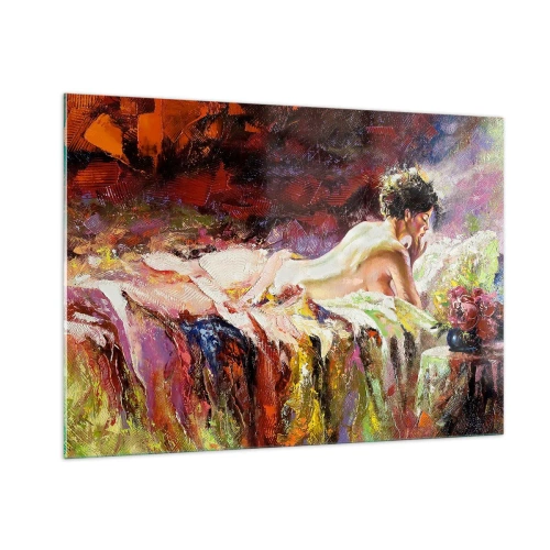 Impression sur verre - Image sur verre - Nu féminin impressionniste sur tissu coloré - 100x70cm - Vénus en pensée - Décoration murale moderne pour le salon et la chambre ARTTOR
