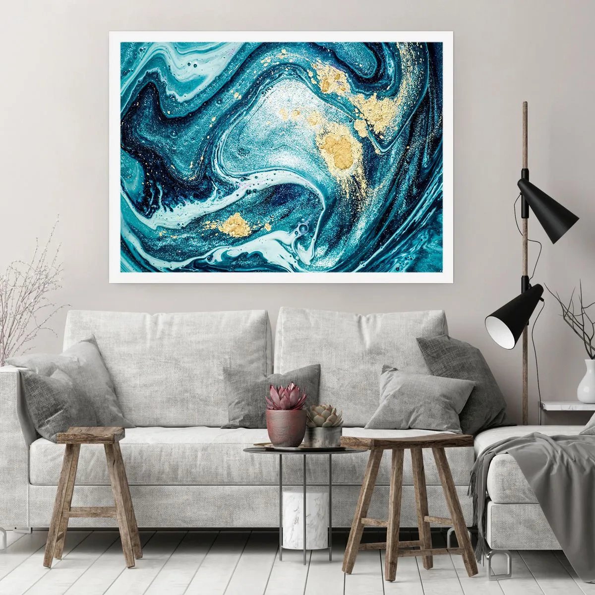 Affiche - Poster - Une composition abstraite de vagues et d'accents dorés - 100x70cm - Vortex bleu - Décoration murale moderne pour le salon et la chambre ARTTOR