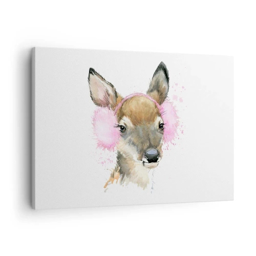 Impression sur toile - Image sur toile - Cerf aquarelle avec cache-oreilles roses - 70x50cm - Et le gel n'effraie plus - Décoration murale moderne pour le salon et la chambre ARTTOR