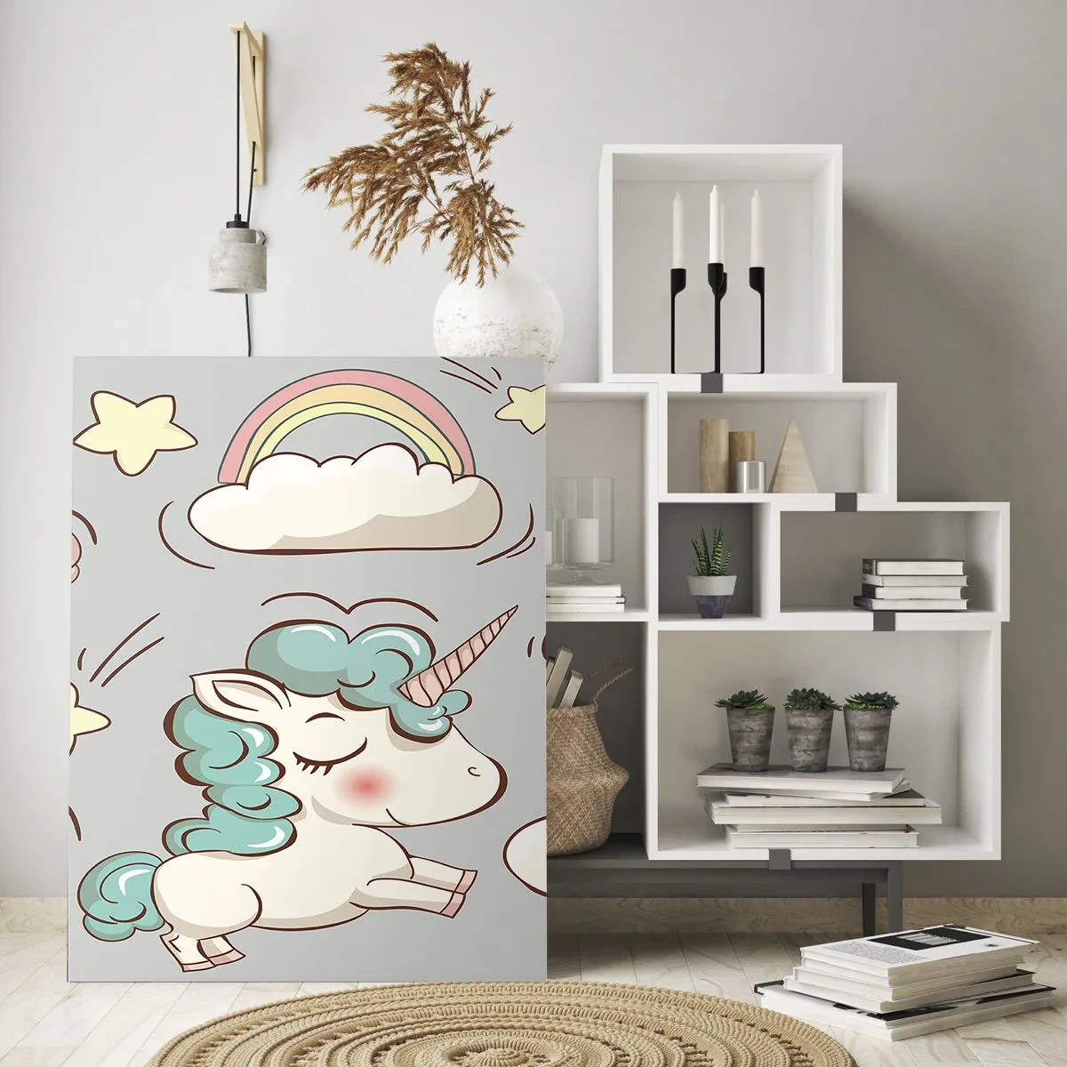 Impression sur verre - Image sur verre - De jolies licornes dans les nuages avec un arc-en-ciel et des ballons - 50x70cm - Ils existe, c'est sûr… - Décoration murale moderne pour le salon et la chambre ARTTOR