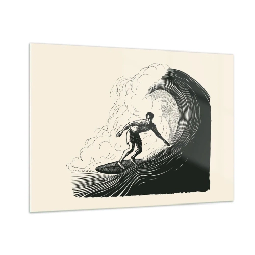 Impression sur verre - Image sur verre - Surfeur chevauchant une haute vague dans un style de dessin rétro - 100x70cm - Le roi de la vague - Décoration murale moderne pour le salon et la chambre ARTTOR