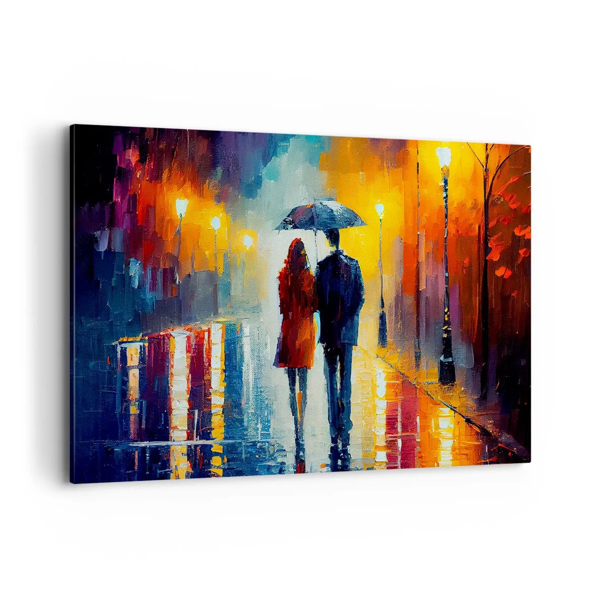 Impression sur toile - Image sur toile - Un couple sous un parapluie se promenant dans une ville nocturne colorée - 120x80cm - Ensemble – une nuit colorée - Décoration murale moderne pour le salon et la chambre ARTTOR