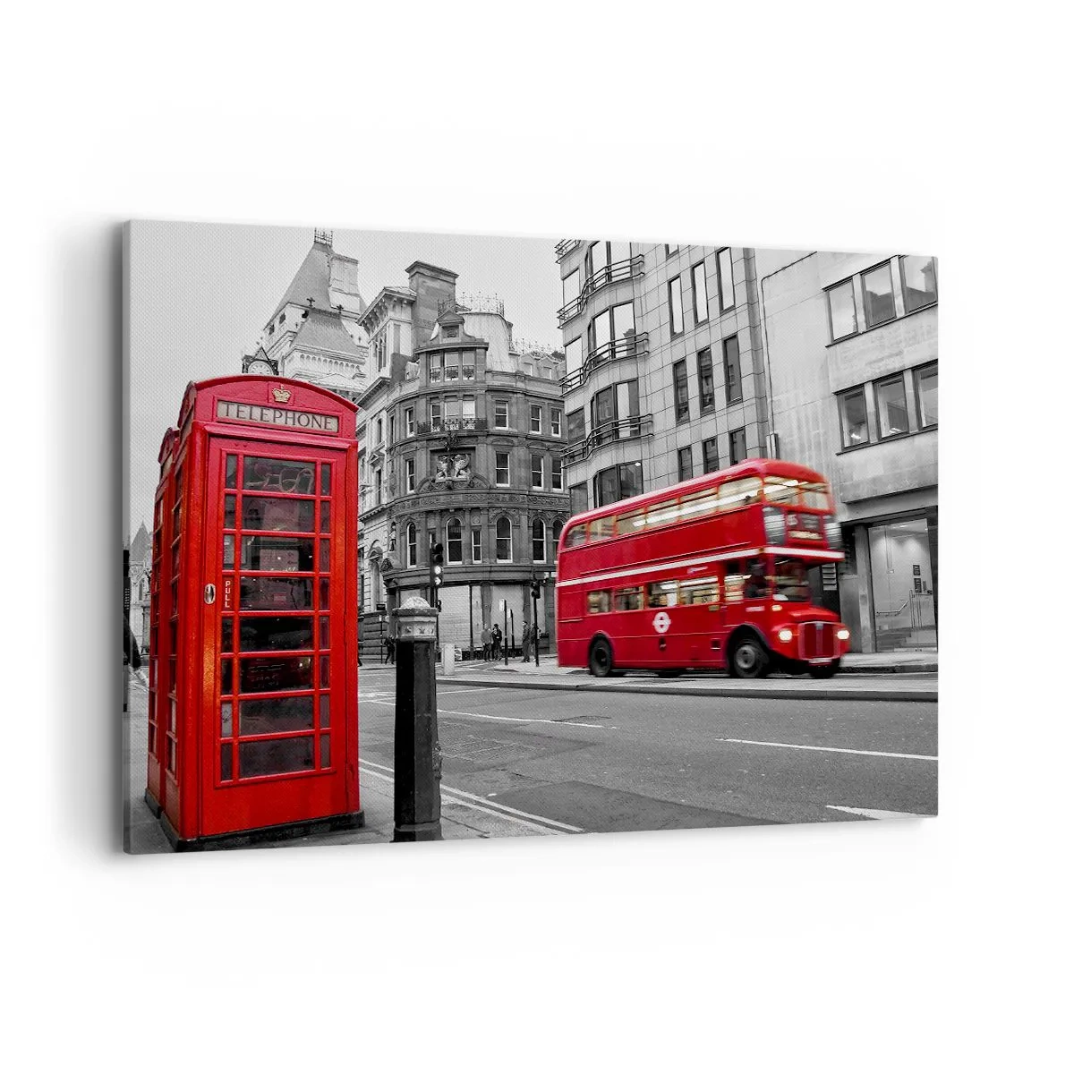 Impression sur toile - Image sur toile - Une cabine téléphonique rouge et un bus à impériale à Londres avec la ville en arrière-plan - 100x70cm - Le plus rouge d'Europe - Décoration murale moderne pour le salon et la chambre ARTTOR