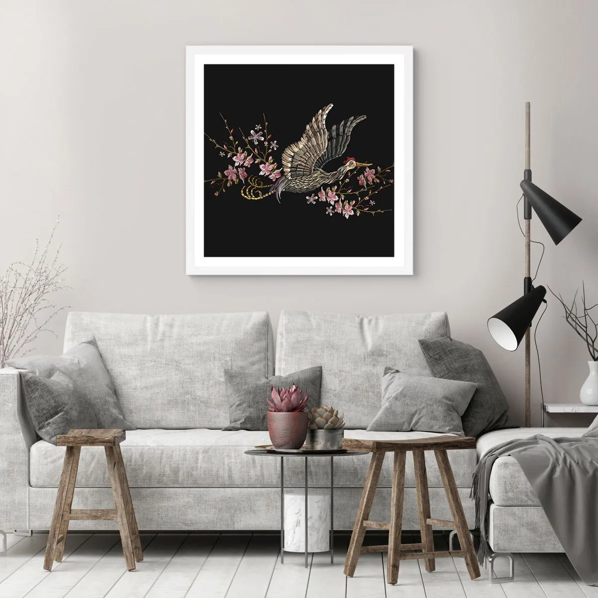 Affiche dans un cadre blanc - Poster - Oiseau brodé exotique - 50x50 cm