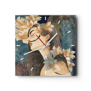 Horloge murale - Pendule murale - Portrait d'une femme avec des fleurs dans un style artistique sur fond sombre - 30x30cm - Conte de fée sur la princesse lilas - Décoration murale moderne pour le salon et la chambre ARTTOR