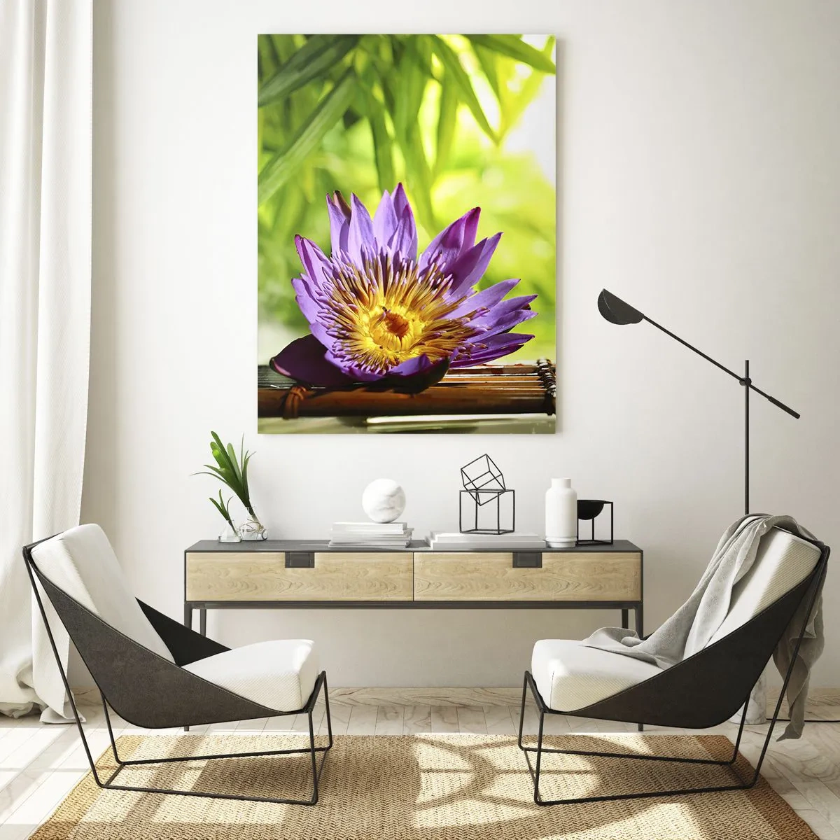 Impression sur verre - Image sur verre - Fleur de lotus violette sur une planche de bambou avec un fond vert - 50x70cm - Sous le soleil asiatique - Décoration murale moderne pour le salon et la chambre ARTTOR