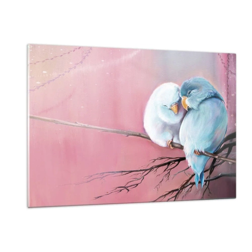 Impression sur verre - Image sur verre - Deux tourtereaux assis sur une branche sur fond rose - 120x80cm - Que dire de plus?... - Décoration murale moderne pour le salon et la chambre ARTTOR