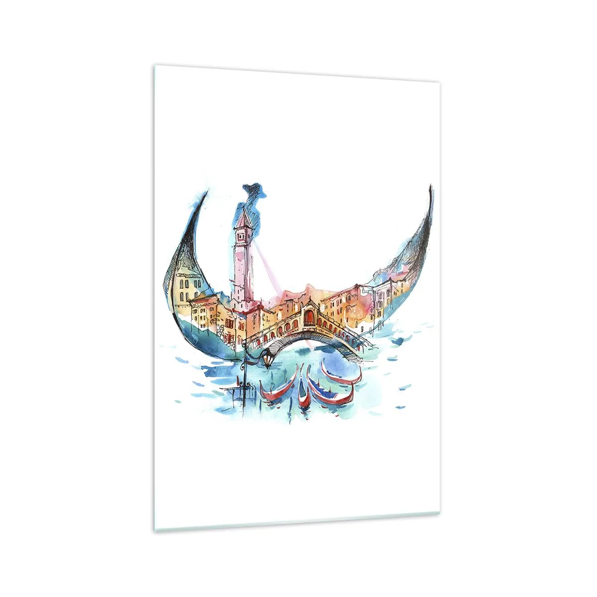 Impression sur verre - Image sur verre - Une composition à l'aquarelle de Venise en forme de gondole - 70x100cm - Nous naviguons à travers la ville - Décoration murale moderne pour le salon et la chambre ARTTOR