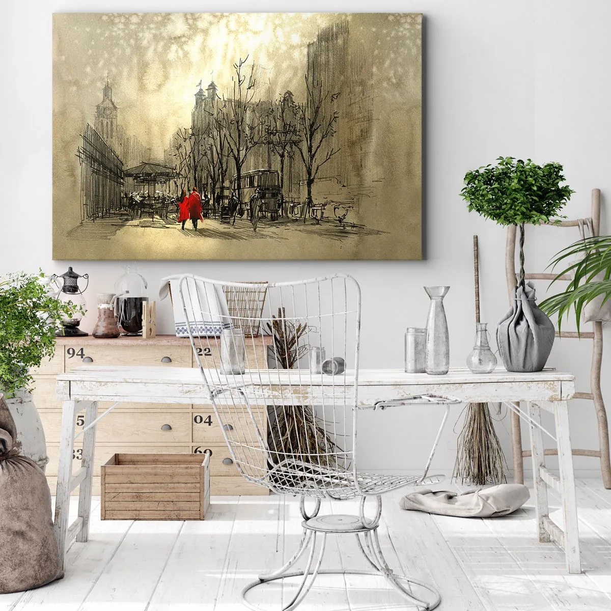 Impression sur toile - Image sur toile - Une figure rouge dans un décor urbain nostalgique - 70x50cm - Rendez-vous dans le brouillard de Londres - Décoration murale moderne pour le salon et la chambre ARTTOR