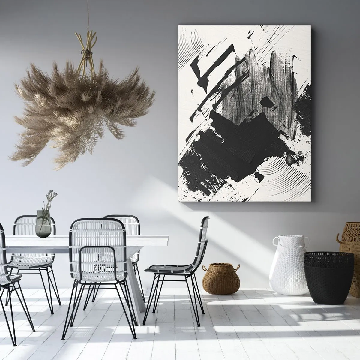 Impression sur toile - Image sur toile - Traits abstraits de noir sur fond blanc - 50x70cm - Abstraction – expression du noir - Décoration murale moderne pour le salon et la chambre ARTTOR