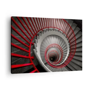 Impression sur toile - Image sur toile - Escalier en colimaçon avec rampes rouges dans une perspective dynamique - 70x50cm - Amusement architectural - Décoration murale moderne pour le salon et la chambre ARTTOR