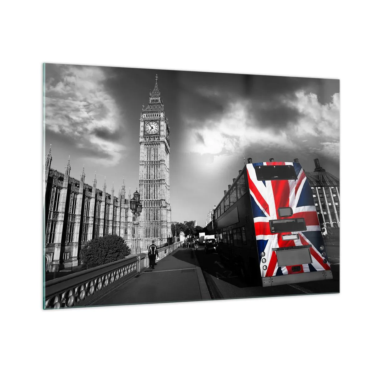 Impression sur verre - Image sur verre - Big Ben et un bus avec un drapeau britannique - 100x70cm - Fière et grande - Décoration murale moderne pour le salon et la chambre ARTTOR