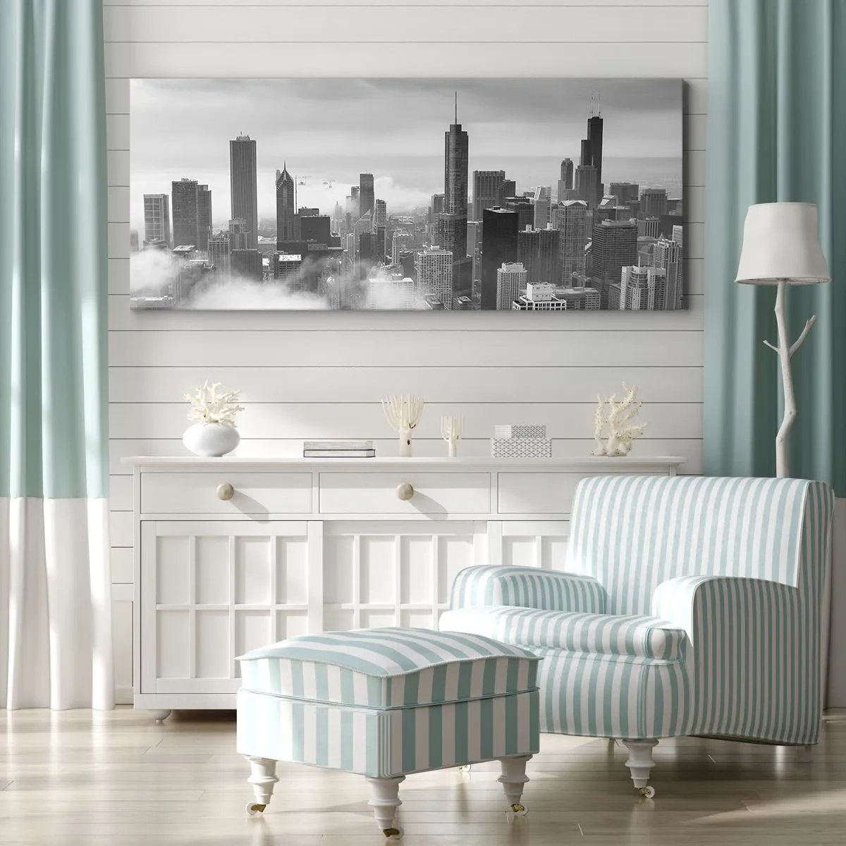 Impression sur toile - Image sur toile - Panorama de la ville avec des gratte-ciels dans les nuages en noir et blanc - 140x50cm - Paysage américain - Décoration murale moderne pour le salon et la chambre ARTTOR