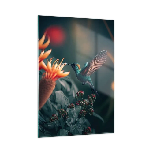 Impression sur verre - Image sur verre - Un colibri plane au-dessus de fleurs exotiques parmi les feuilles. - 50x70cm - une vie vraiment colorée - Décoration murale moderne pour le salon et la chambre ARTTOR