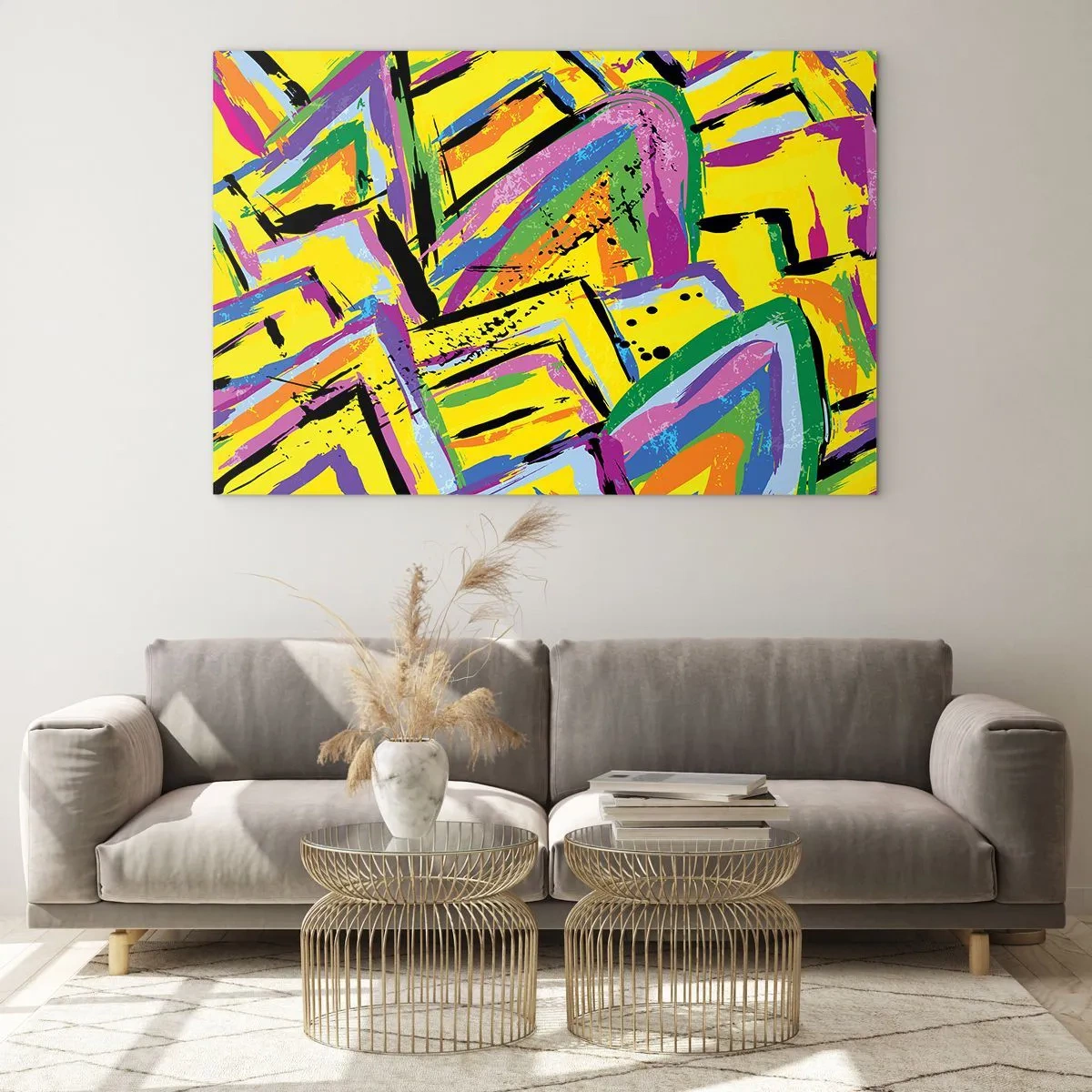 Impression sur verre - Image sur verre - Abstraction intense aux couleurs vives sur fond jaune - 100x70cm - Jusqu'à ce qu'il crie de joie - Décoration murale moderne pour le salon et la chambre ARTTOR