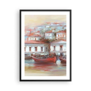 Affiche dans un cadre noir - Poster - Une ville colorée avec des bateaux sur le rivage - 50x70cm - Petite ville heureuse - Décoration murale moderne pour le salon et la chambre ARTTOR