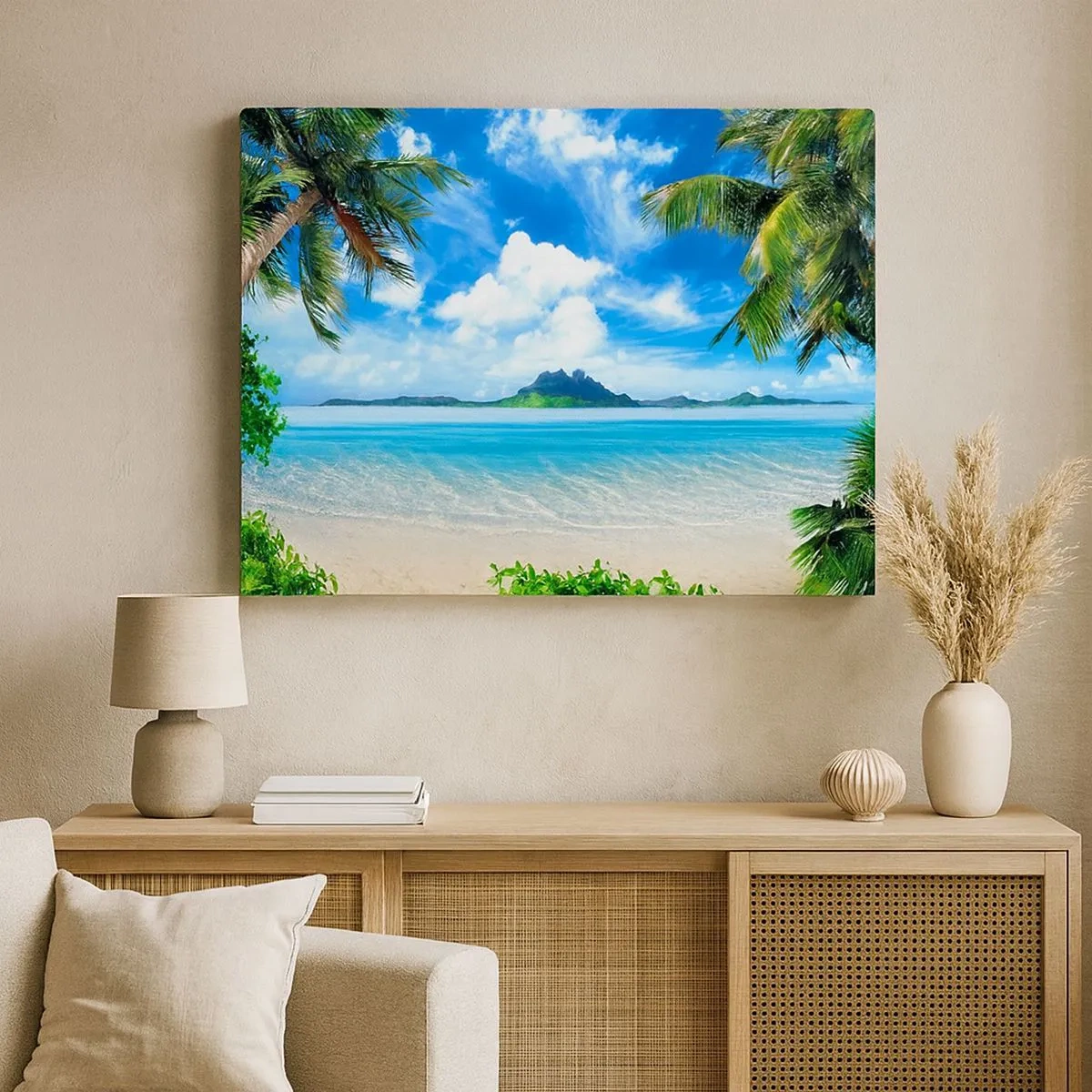 Impression sur toile - Image sur toile - Plage tropicale avec palmiers et vue sur l'île - 70x50cm - L'azur des tropiques - Décoration murale moderne pour le salon et la chambre ARTTOR