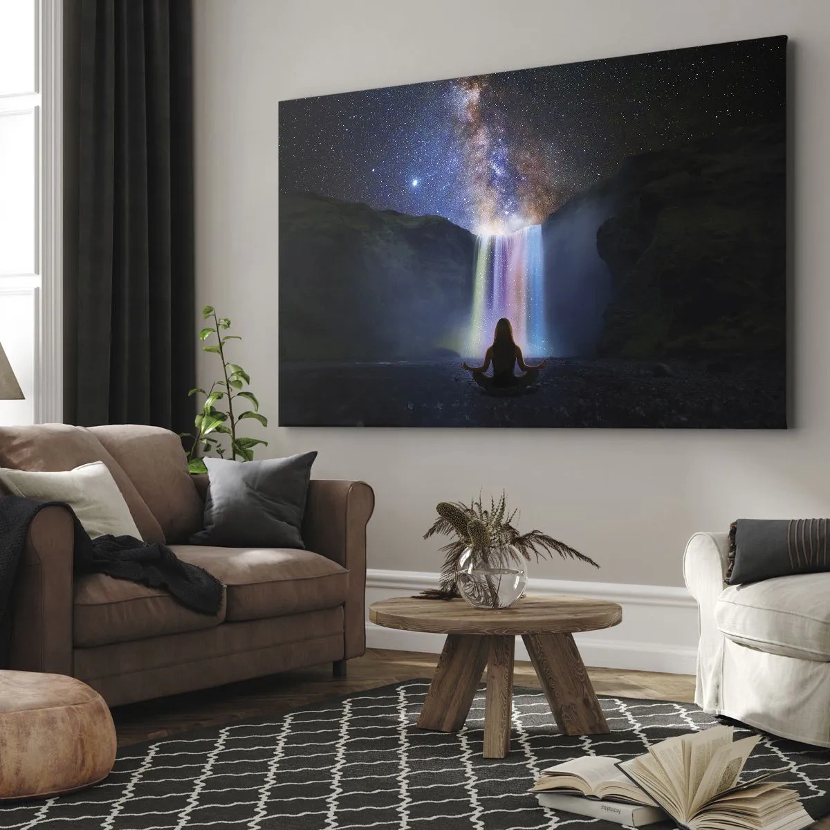 Impression sur toile - Image sur toile - Méditation devant une cascade parmi les étoiles - 70x50cm - Harmonie absolue - Décoration murale moderne pour le salon et la chambre ARTTOR