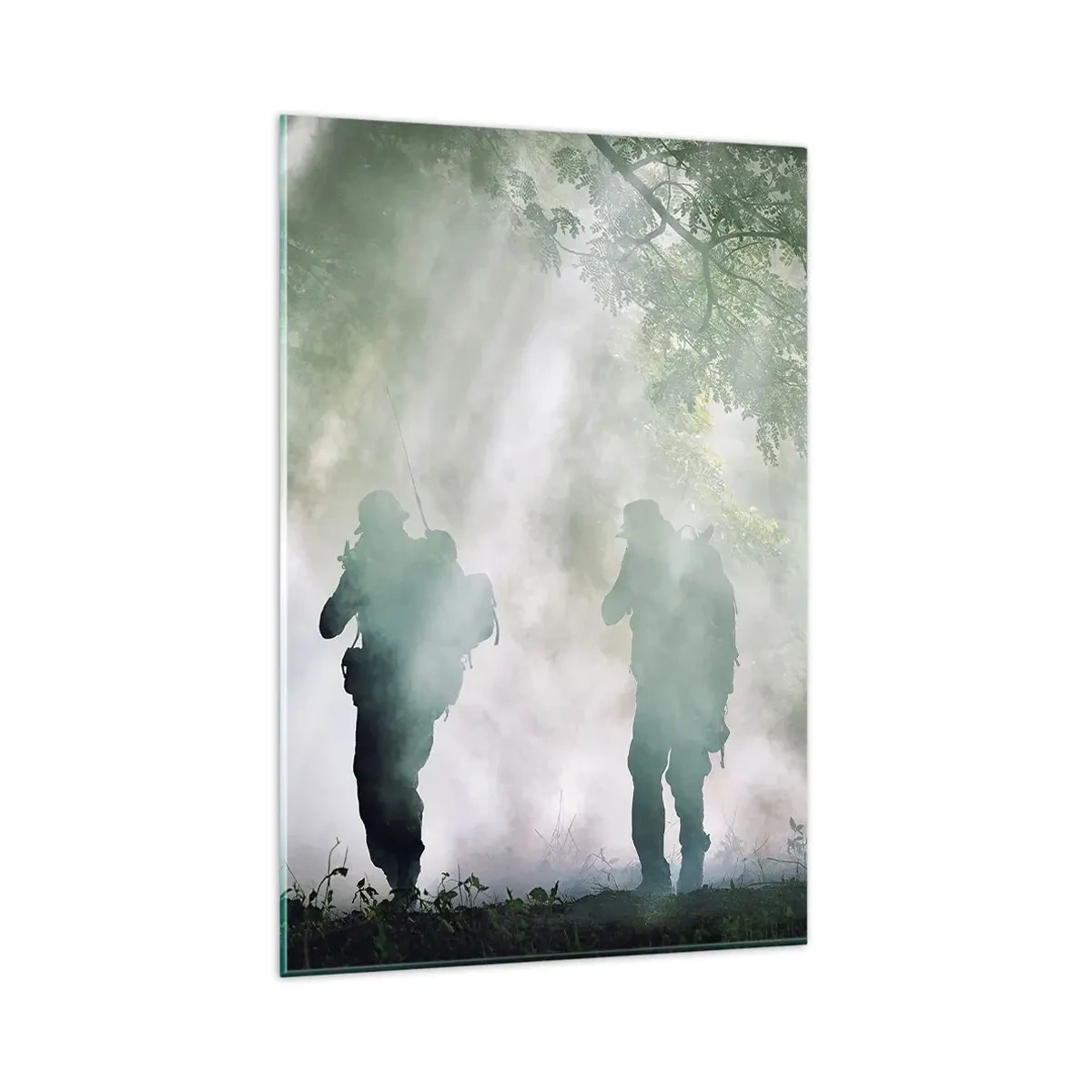 Impression sur verre - Image sur verre - Silhouettes de soldats dans une forêt entourée de brouillard - 80x120cm - Un pour tous… - Décoration murale moderne pour le salon et la chambre ARTTOR