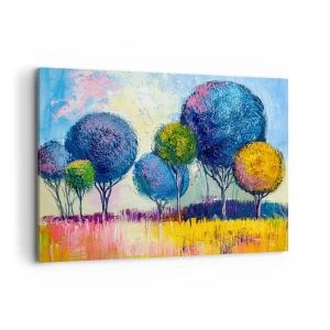 Impression sur toile - Image sur toile - Arbres colorés en forme de boule sur fond de paysage - 100x70cm - Sphère - la forme idéale - Décoration murale moderne pour le salon et la chambre ARTTOR