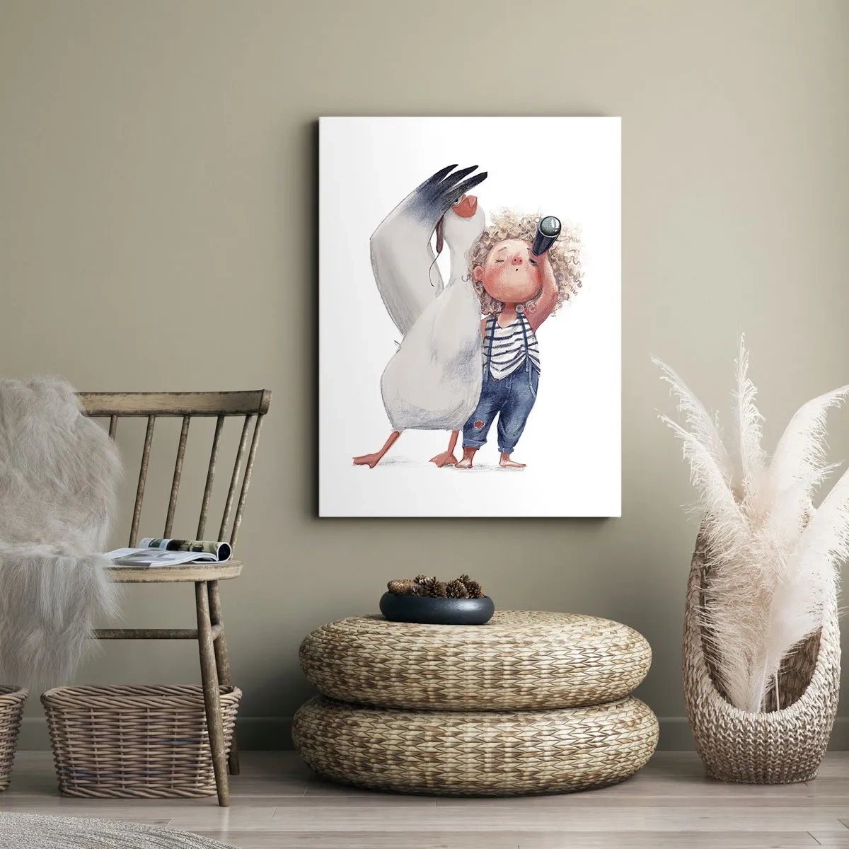 Impression sur toile - Image sur toile - Illustration d'un enfant avec un pélican et un télescope à la main - 50x70cm - Plan de grand voyage - Décoration murale moderne pour le salon et la chambre ARTTOR