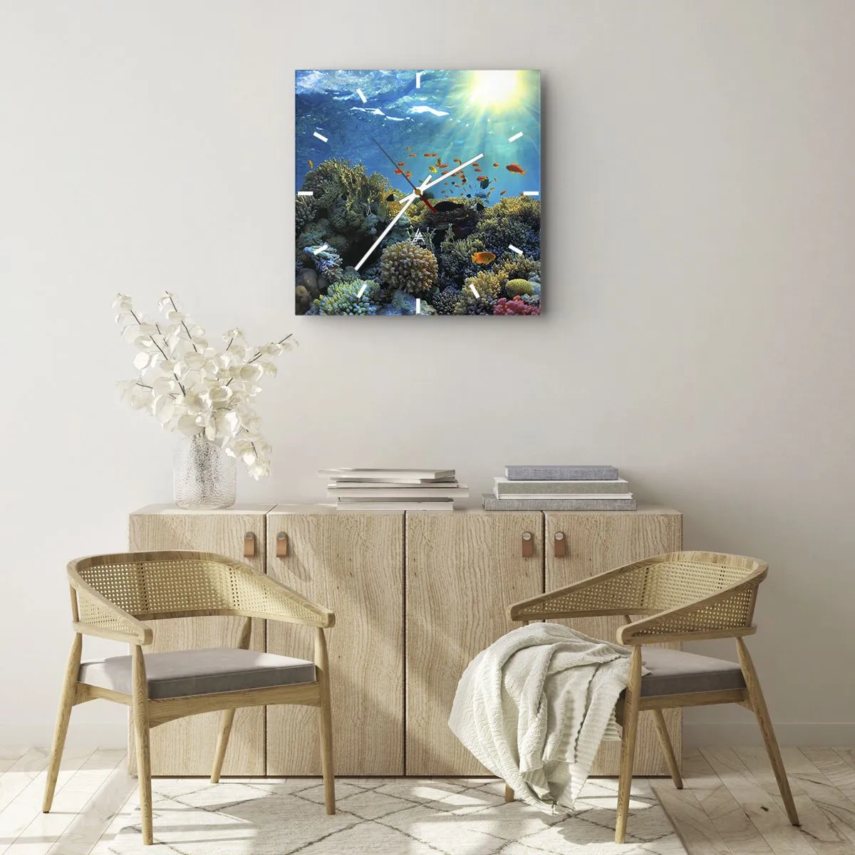 Horloge murale - Pendule murale - Récif corallien avec des poissons sous les rayons du soleil sous l'eau - 30x30cm - Trésor sous-marin - Décoration murale moderne pour le salon et la chambre ARTTOR