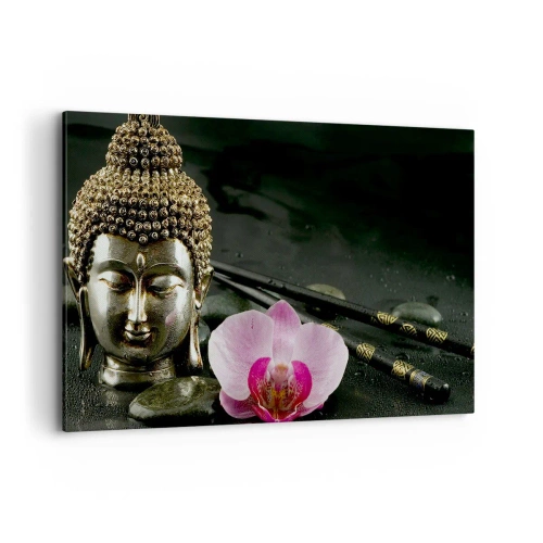Impression sur toile - Image sur toile - Une statuette de Bouddha avec une orchidée et des baguettes sur un fond de pierres - 120x80cm - Harmonie de la sagesse et de la beauté - Décoration murale moderne pour le salon et la chambre ARTTOR