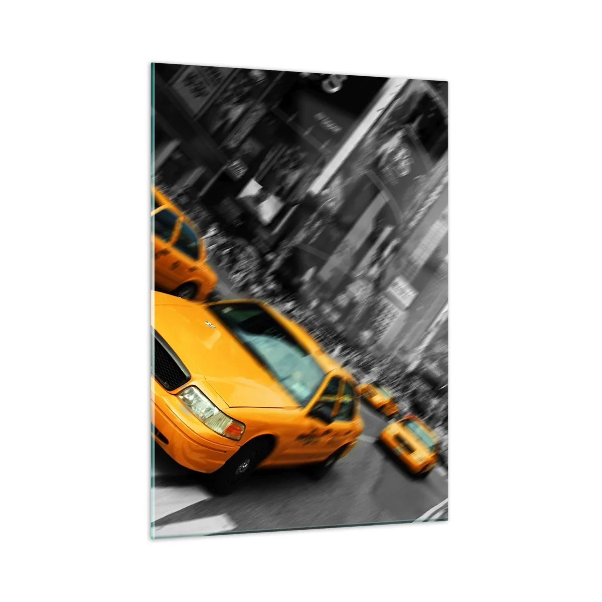 Impression sur verre - Image sur verre - Des taxis jaunes sur fond de rues de ville en noir et blanc - 50x70cm - Gouttes de soleil New-Yorkaise - Décoration murale moderne pour le salon et la chambre ARTTOR