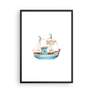 Affiche dans un cadre noir - Poster - Aquarelle de bateau dans des tons pastel de bleu et de beige - 50x70cm - Ohé, l'aventure ! - Décoration murale moderne pour le salon et la chambre ARTTOR