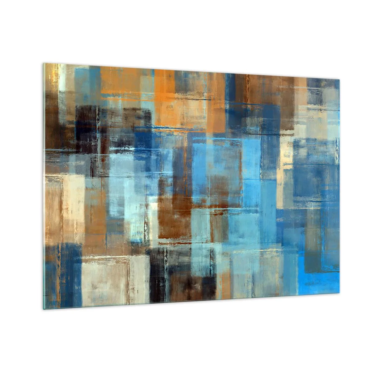 Impression sur verre - Image sur verre - Composition géométrique abstraite dans les tons de bleu et de marron - 100x70cm - A travers le voile bleu - Décoration murale moderne pour le salon et la chambre ARTTOR