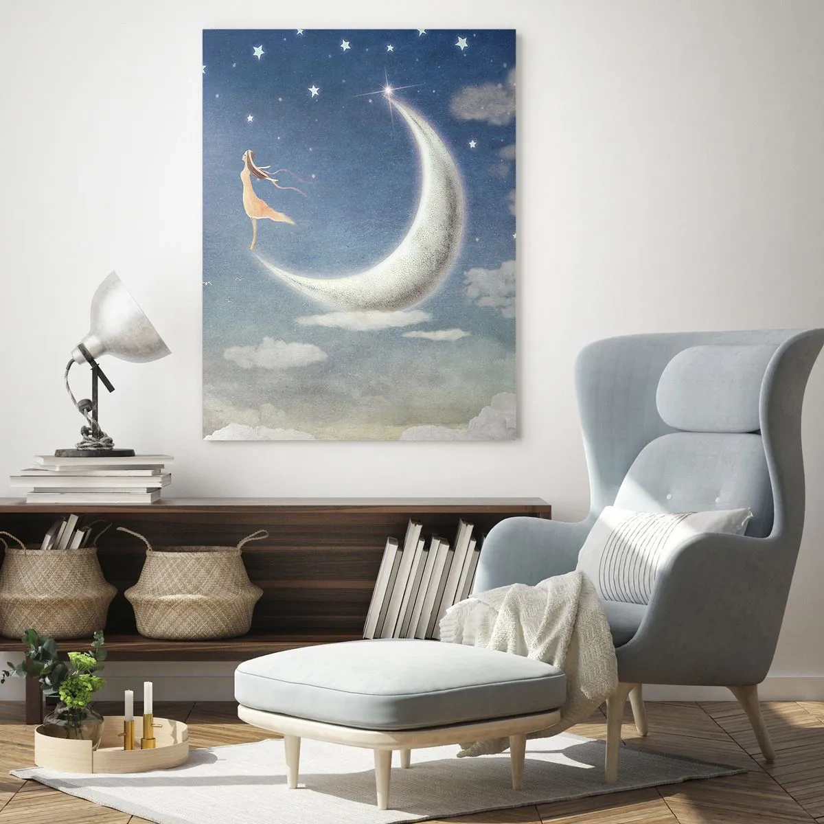 Impression sur verre - Image sur verre - Une femme dans la lune entourée d'étoiles et de nuages - 80x120cm - Valise bleue - Décoration murale moderne pour le salon et la chambre ARTTOR