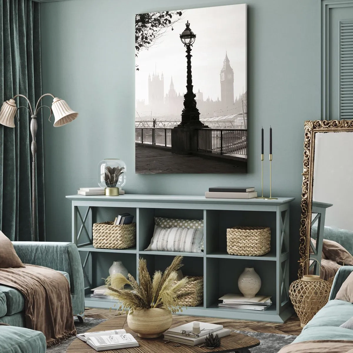 Impression sur toile - Image sur toile - Une vue monochrome de Big Ben et de la Tamise. - 50x70cm - Un matin londonien - Décoration murale moderne pour le salon et la chambre ARTTOR
