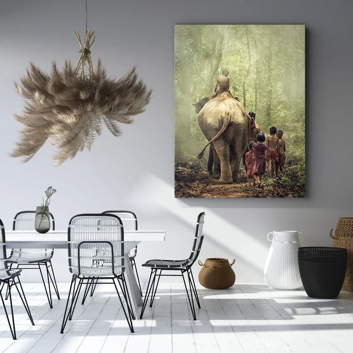 Impression sur toile - Image sur toile - Enfants avec un éléphant dans une forêt verte à la lumière du matin - 50x70cm - Nouveau livre de la jungle - Décoration murale moderne pour le salon et la chambre ARTTOR