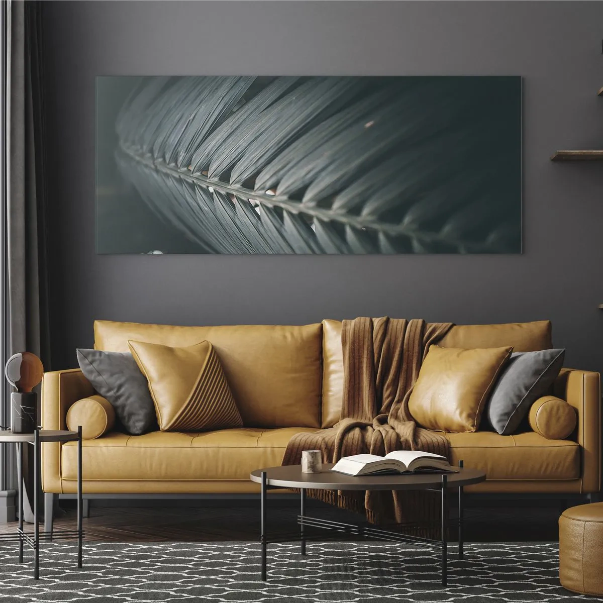 Impression sur verre - Image sur verre - Gros plan d'un détail de feuille de palmier aux tons sombres - 160x50cm - Précision de la nature - Décoration murale moderne pour le salon et la chambre ARTTOR