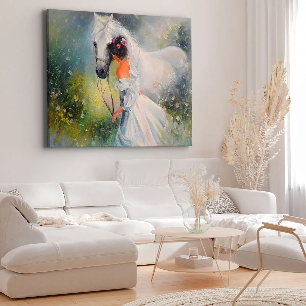 Impression sur toile - Image sur toile - Une femme avec un cheval blanc dans un cadre pittoresque - 70x50cm - Comme dans un beau rêve - Décoration murale moderne pour le salon et la chambre ARTTOR