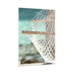 Impression sur verre - Image sur verre - Un hamac surplombant les eaux turquoise cristallines - 50x70cm - Le temps de la détente - Décoration murale moderne pour le salon et la chambre ARTTOR