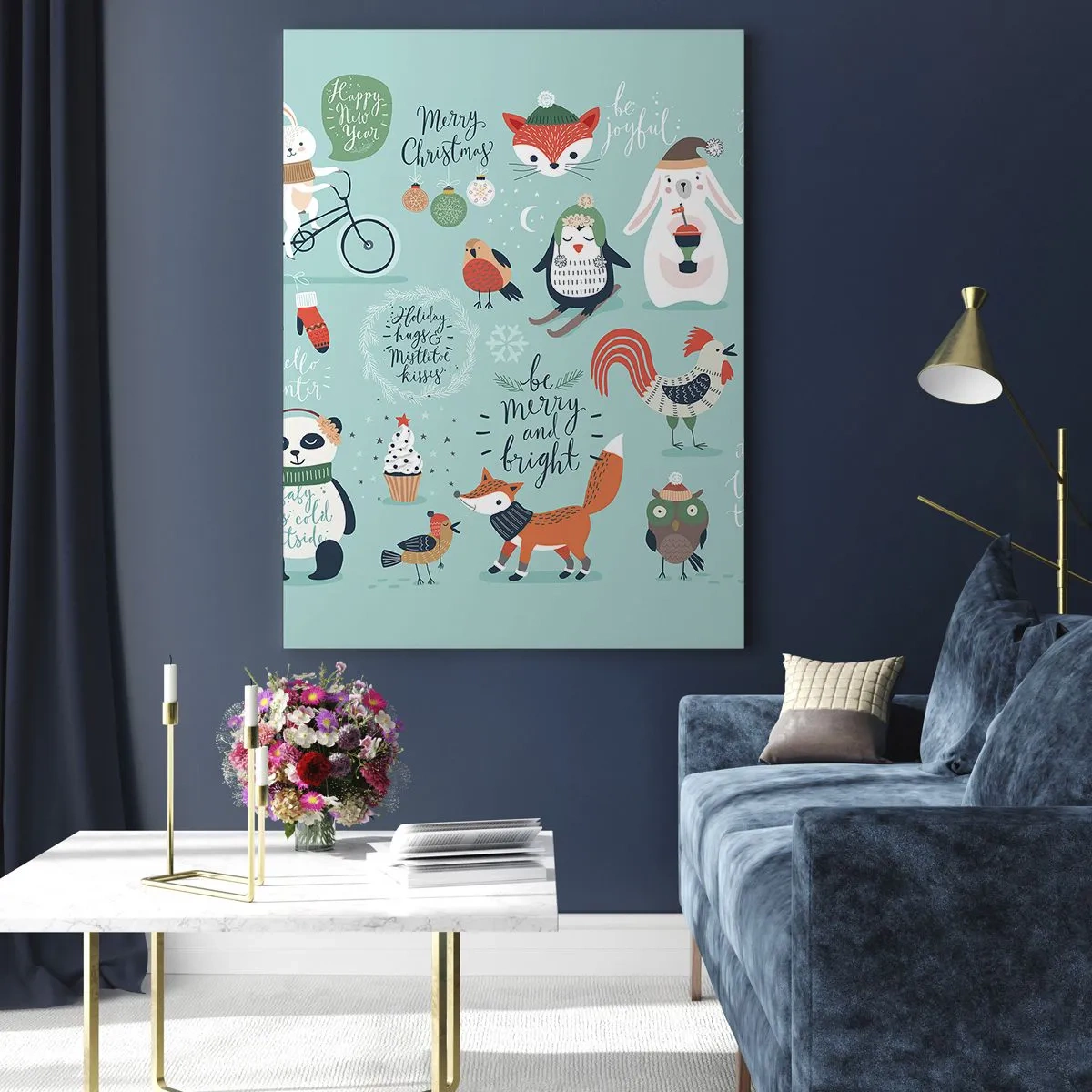 Impression sur verre - Image sur verre - Illustration de Noël d'animaux dans une ambiance hivernale - 70x100cm - Que ce soit toujours Noël ! - Décoration murale moderne pour le salon et la chambre ARTTOR