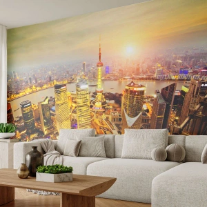 Papier Peint Photo Standard Eco - Panorama d'une ville moderne au coucher du soleil - 100x70cm - Rêve asiatique - Décoration murale moderne pour le salon et la chambre ARTTOR