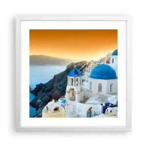 Affiche dans un cadre blanc - Poster - Santorin - blotti contre les rochers - 40x40 cm