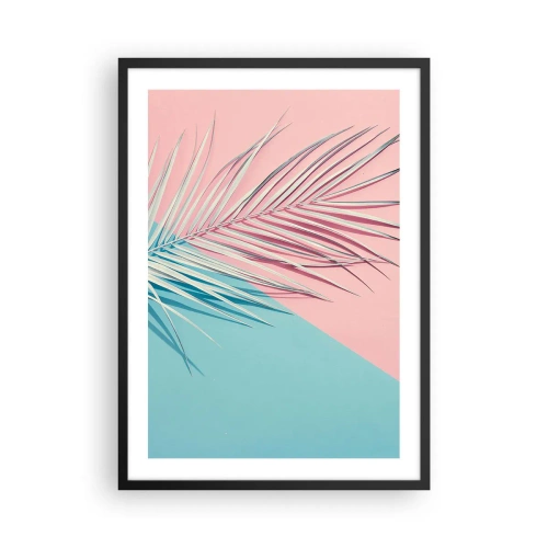 Affiche dans un cadre noir - Poster - Un palmier sur un fond de couleurs rose pastel et bleu - 50x70cm - Impression tropicale - Décoration murale moderne pour le salon et la chambre ARTTOR