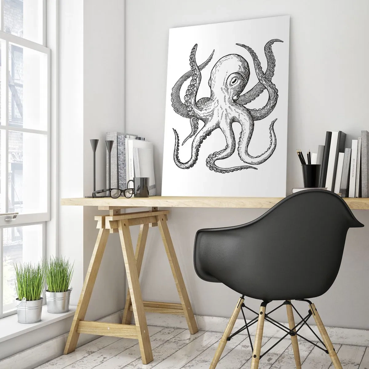 Impression sur verre - Image sur verre - Dessin noir et blanc d'une pieuvre sur fond blanc dans un style vintage - 80x120cm - Dansant avec les vagues - Décoration murale moderne pour le salon et la chambre ARTTOR