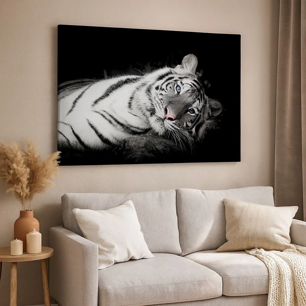 Impression sur toile - Image sur toile - Un tigre blanc rendu artistiquement sur un fond noir - 70x50cm - Sauvagerie et paix - Décoration murale moderne pour le salon et la chambre ARTTOR