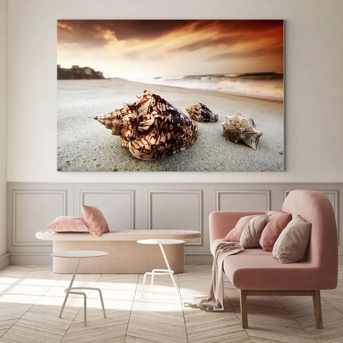 Impression sur verre - Image sur verre - Coquillages sur la plage au coucher du soleil - 100x70cm - Les parias des vagues - Décoration murale moderne pour le salon et la chambre ARTTOR