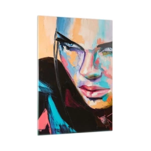 Impression sur verre - Image sur verre - Portrait d'une femme aux couleurs vives sur un fond abstrait - 50x70cm - Le coeur sauvageon - Décoration murale moderne pour le salon et la chambre ARTTOR