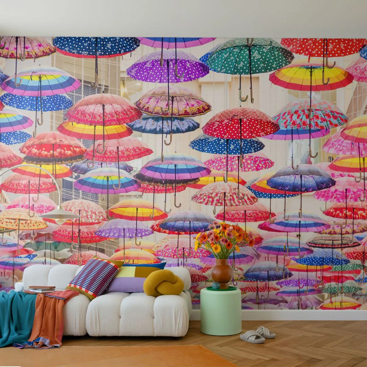 Papier Peint Autocollant Deluxe Sticker - Prairie de la ville - Ville, Parapluies colorés, Morceau - 400x280 cm