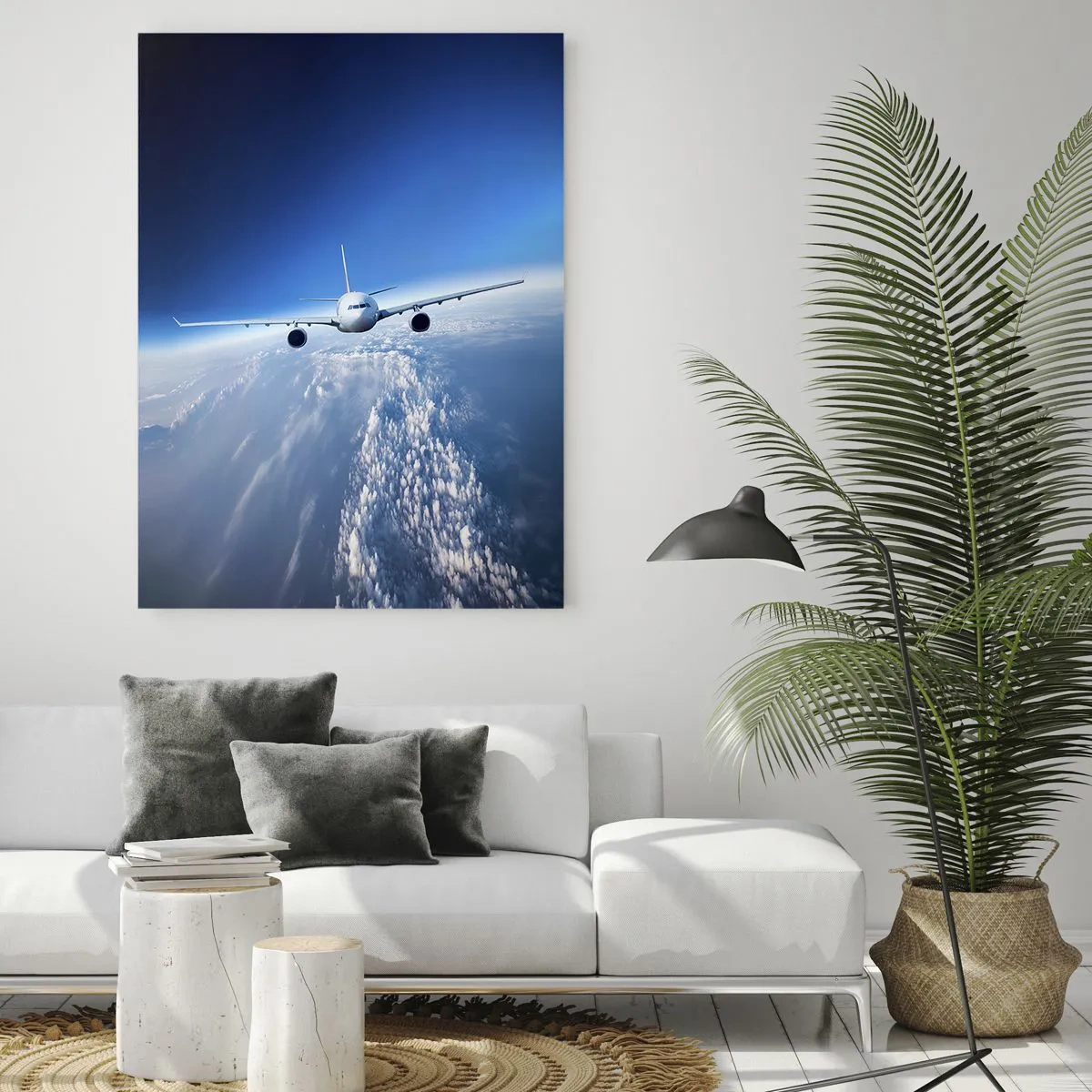 Impression sur verre - Image sur verre - Un avion de ligne contre un ciel bleu et des nuages - 50x70cm - Je vole parce que je le veux - Décoration murale moderne pour le salon et la chambre ARTTOR