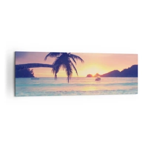 Impression sur toile - Image sur toile - Plage avec un palmier et un coucher de soleil sur l'océan - 160x50cm - Une soirée à la baie - Décoration murale moderne pour le salon et la chambre ARTTOR